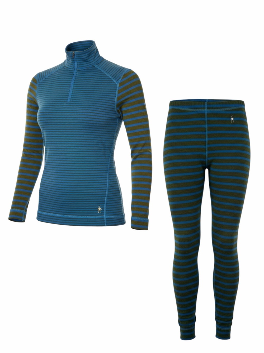 Smartwool Teal/Brown Striped Merino Wool Base Layer Set Quarter Zip/Pants Small